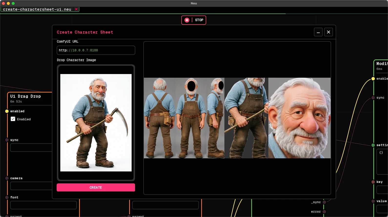 An application built in Neu showing a character from multiple angles