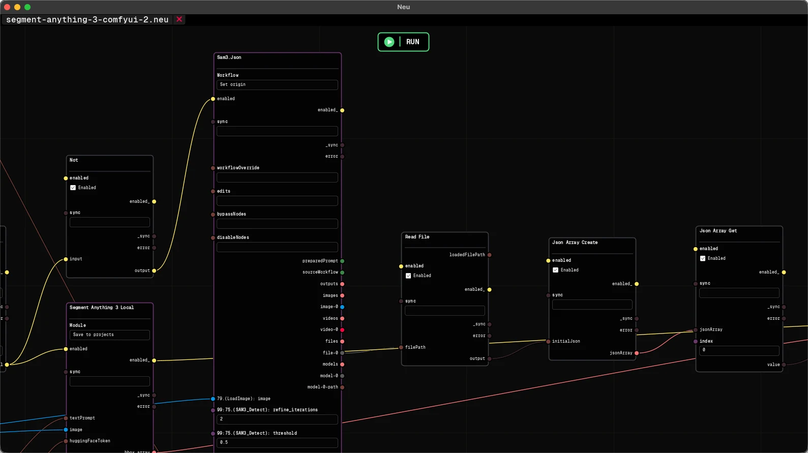 Neu node graph connecting a ComfyUI workflow to reusable logic