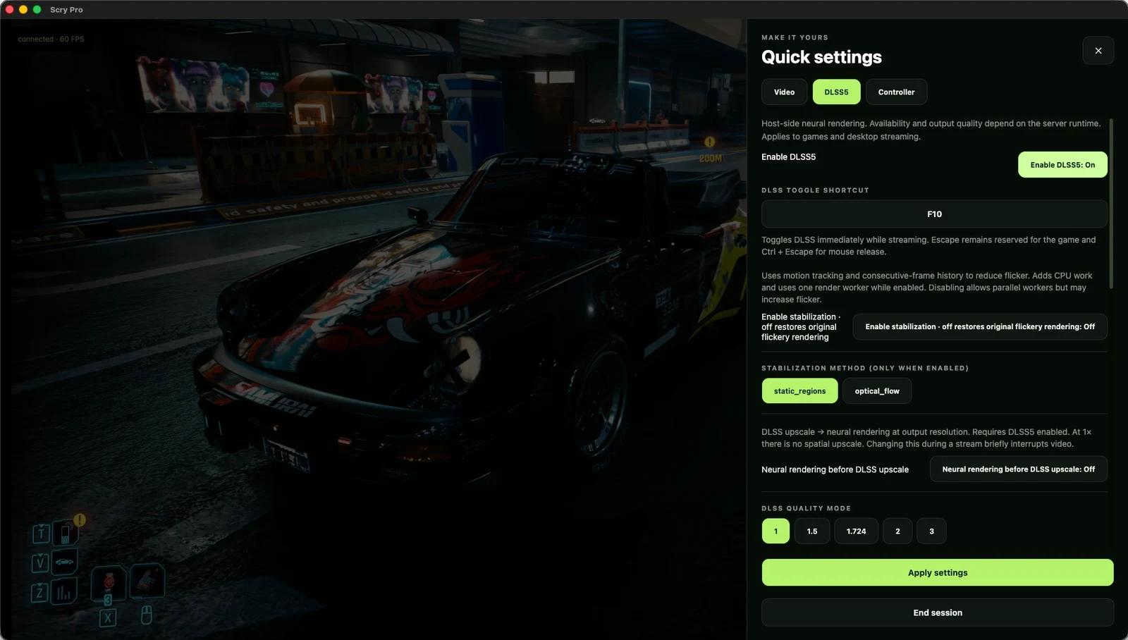 Scry Pro streaming and neural rendering settings