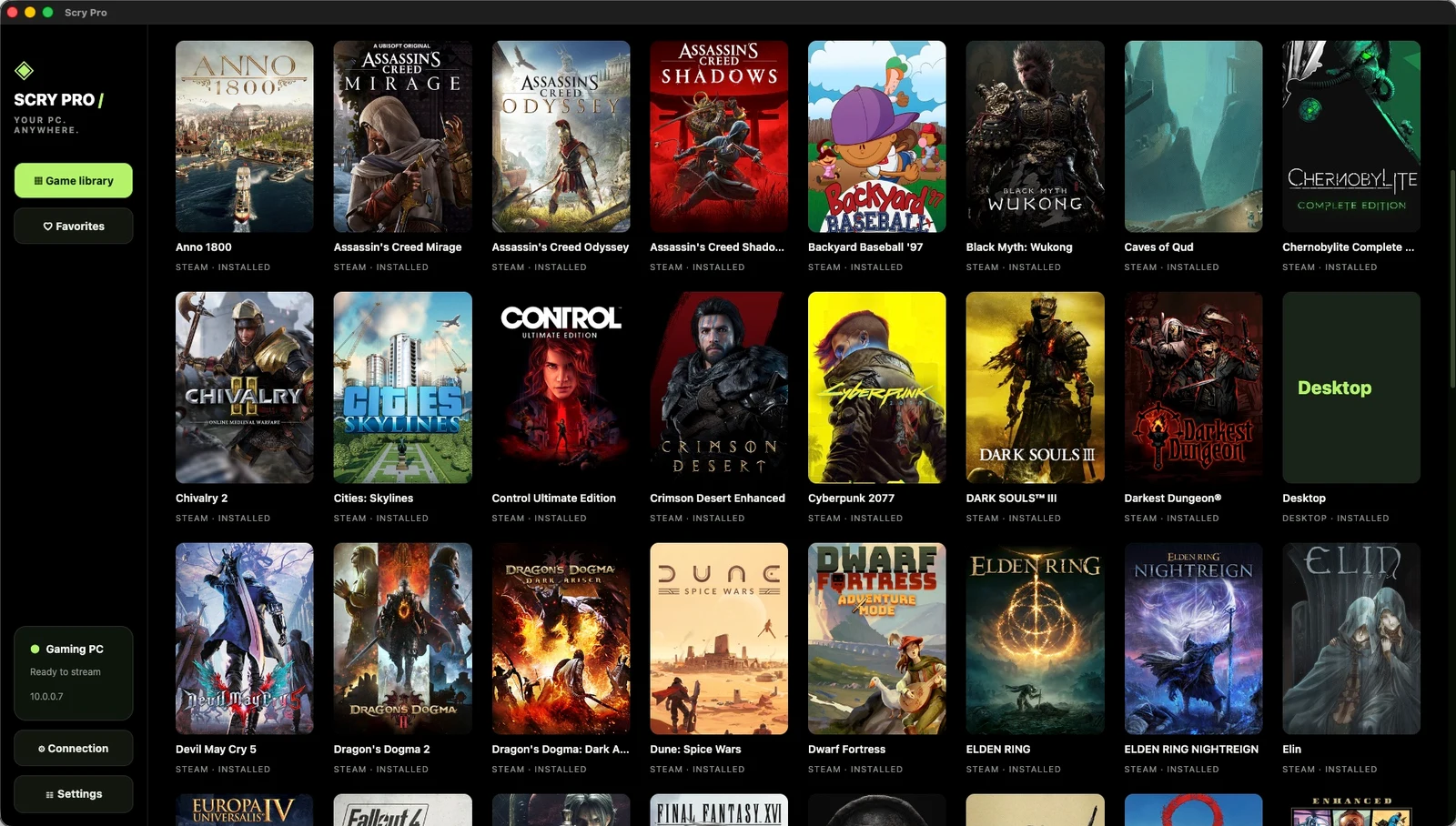 A PC game streamed through Scry Pro